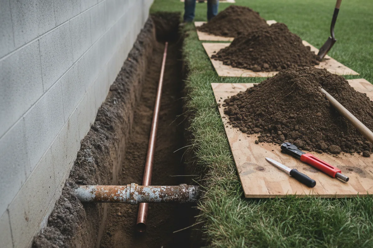 Excavated water line trench during Water Softener Installation in Midland